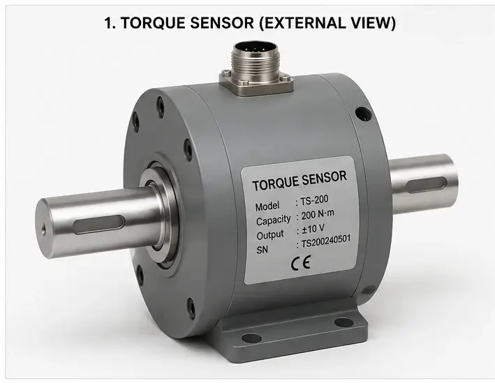 A high-precision industrial torque sensor with a grey aluminum body and silver rotating shaft mounted on a base platform. The sensor is designed for accurate static and dynamic torque measurement in industrial testing, automation, motor performance analysis, and NVH applications.
