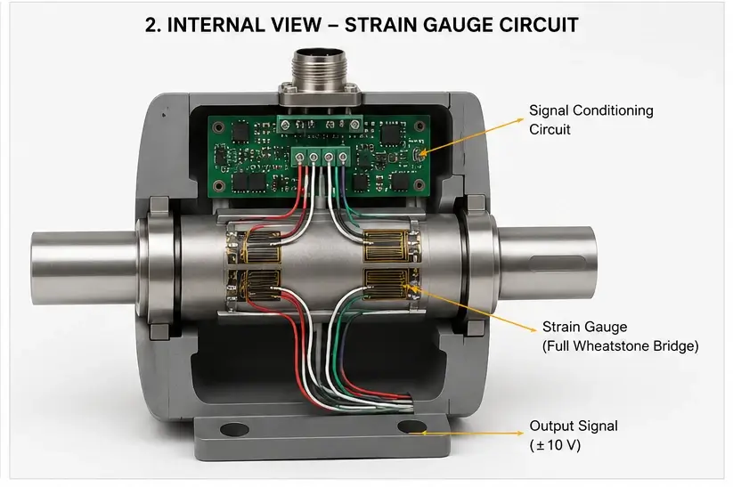 Cross-sectional view of a torque sensor showing the internal strain gauge circuit, signal conditioning electronics, wiring connections, and rotating shaft assembly. The image explains how strain gauge technology measures torque accurately for industrial automation, DAQ systems, and real-time performance monitoring.